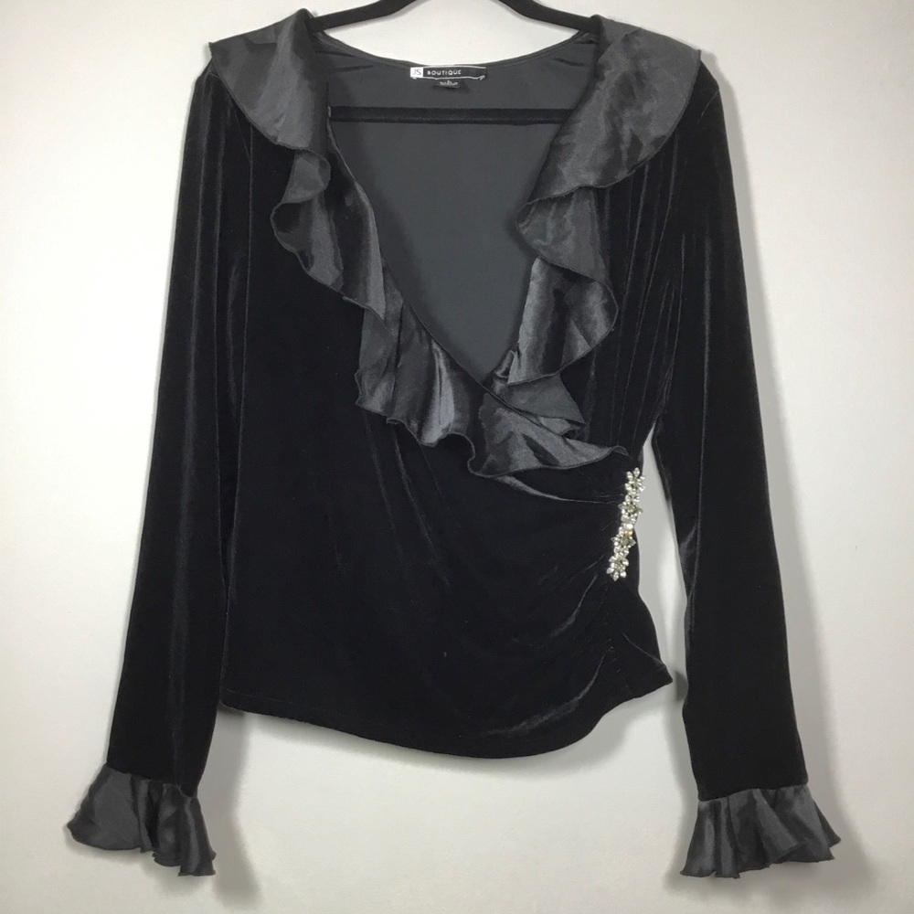 JS Boutique Velvet Black Ruffle Blouse